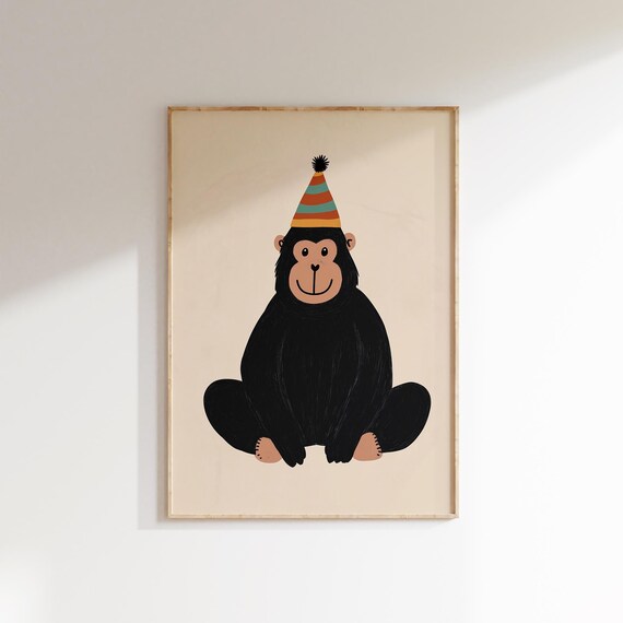 Cheerful Gorilla In Colorful Party Hat Nursery Kids Animal Poster