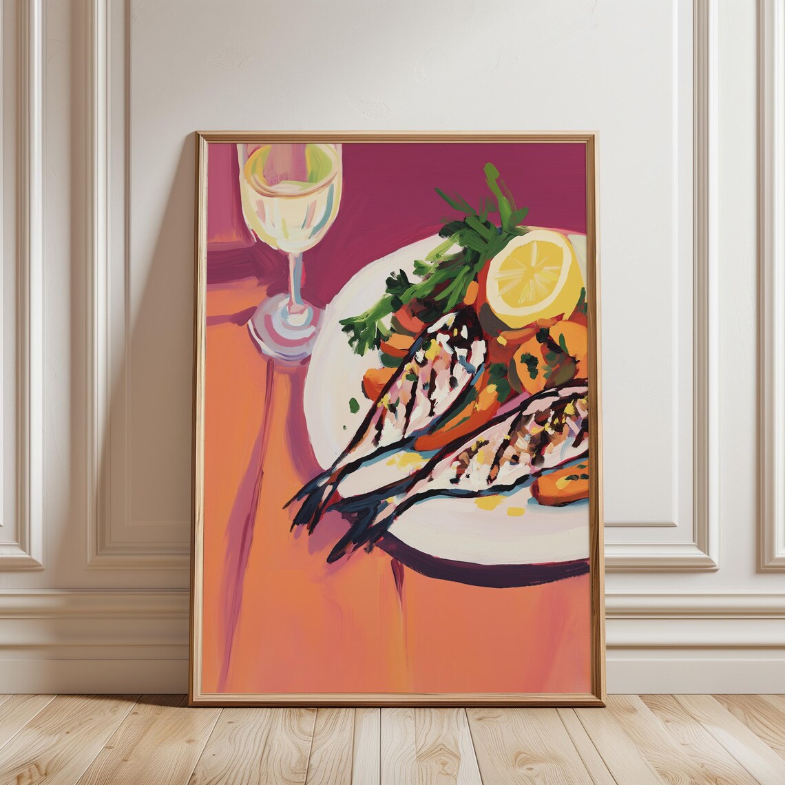 Grilled Fish Print Wine Seafood Art Mediterranean Kitchen Decor Dopamine Wall Art Retro Food Print