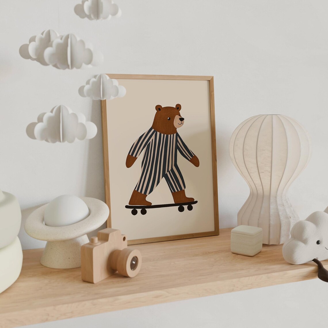 Skateboarding Bear in Striped Pajamas Nursery Kids Room Poster