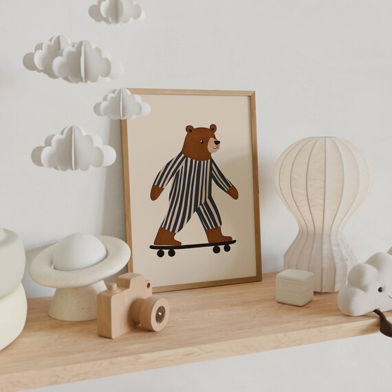 Skateboarding Bear in Striped Pajamas Nursery Kids Room Poster