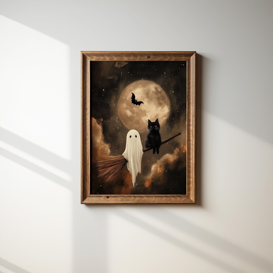 Ghost And Black Cat Flying On Broomstick Full Moon Halloween Poster