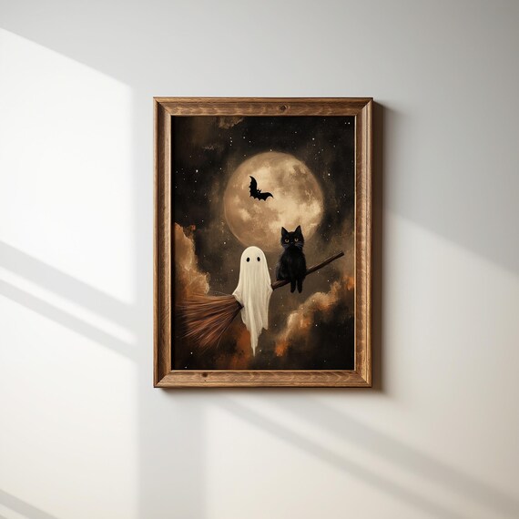 Ghost And Black Cat Flying On Broomstick Full Moon Halloween Poster