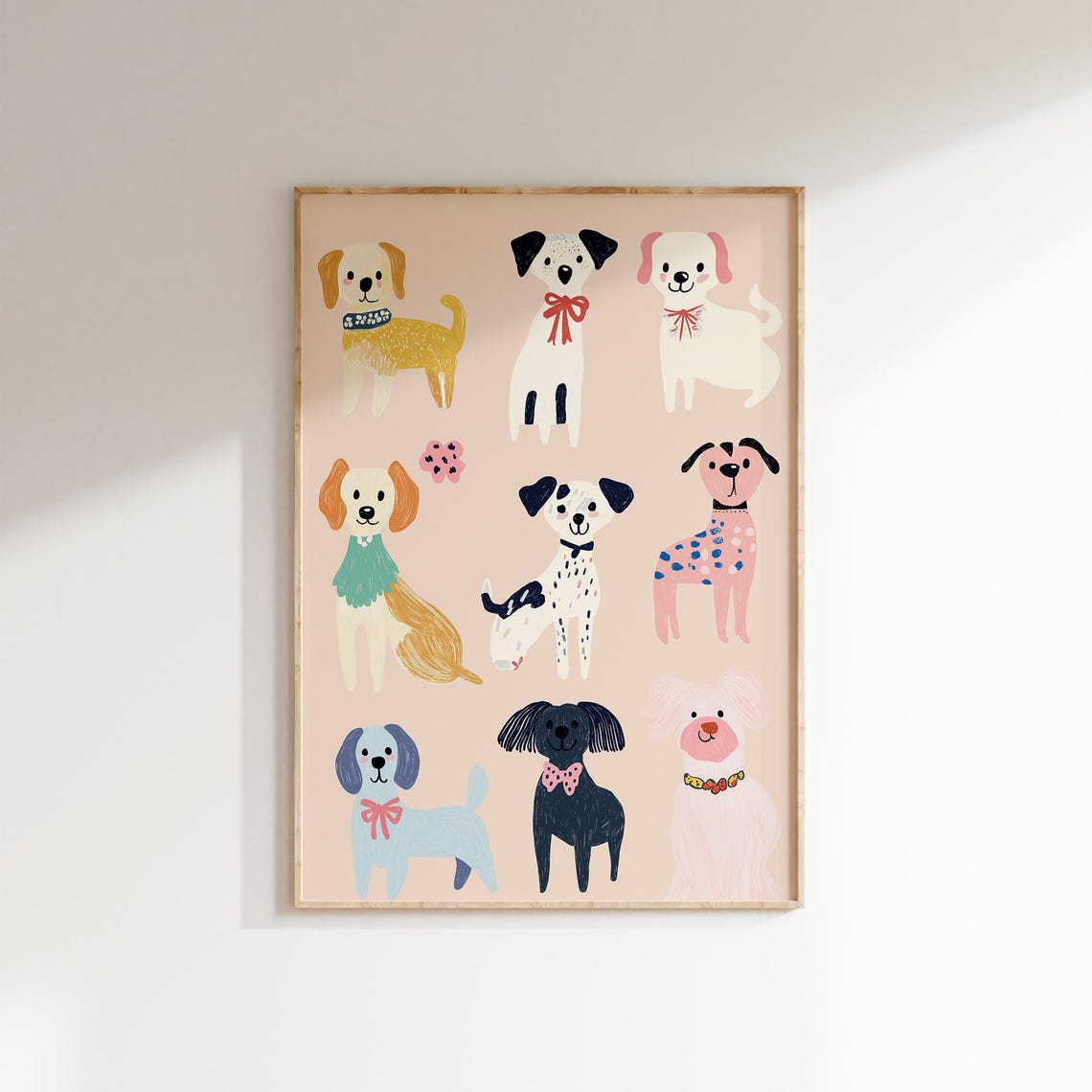 Nine Playful Dogs Bow Ties Blush Nursery Animal Wall Art Poster