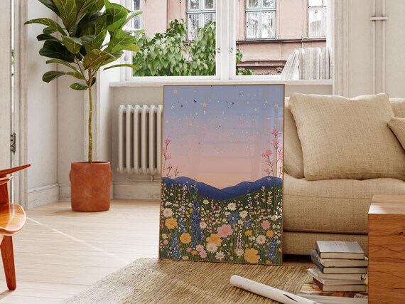 Vibrant Wildflower Field Mountain Sunset Starry Sky Botanical Meadow Poster