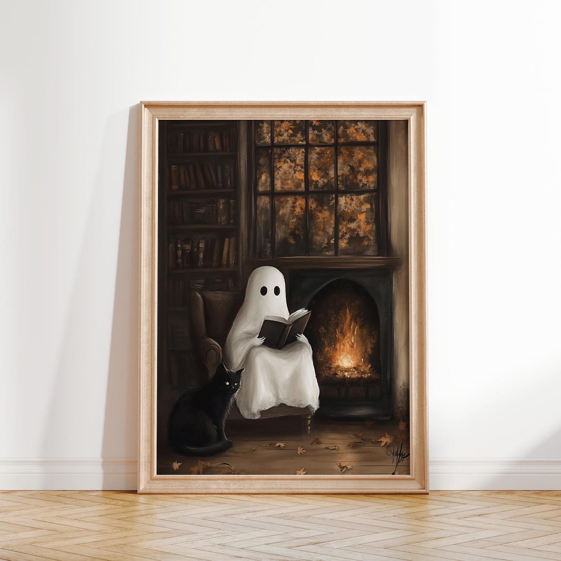 Ghost Reading By Fireplace With Black Cat Cozy Halloween Night Poster - Image 2