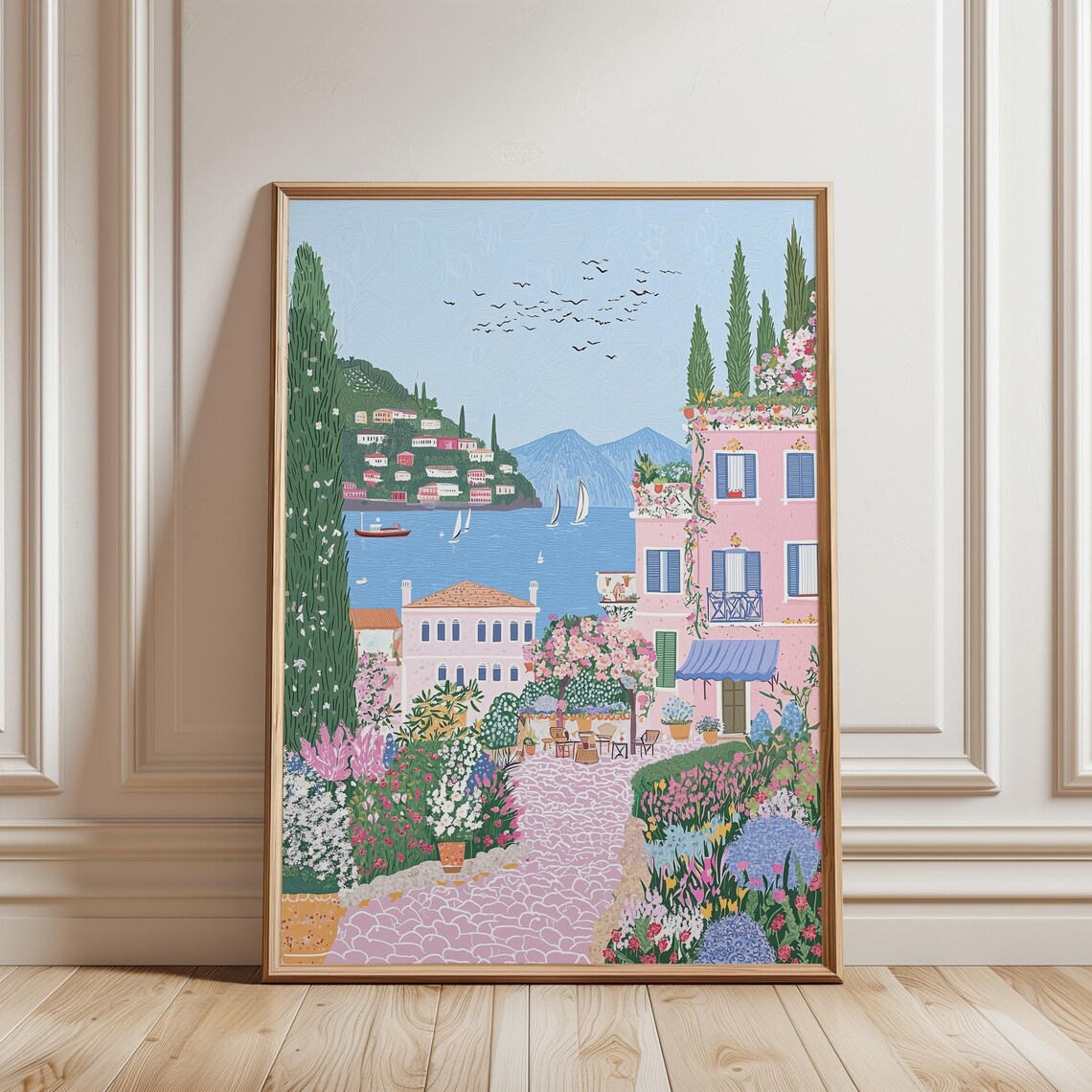 Italian Coastal Bay Villa Sailboats Cypress Garden Summer Poster