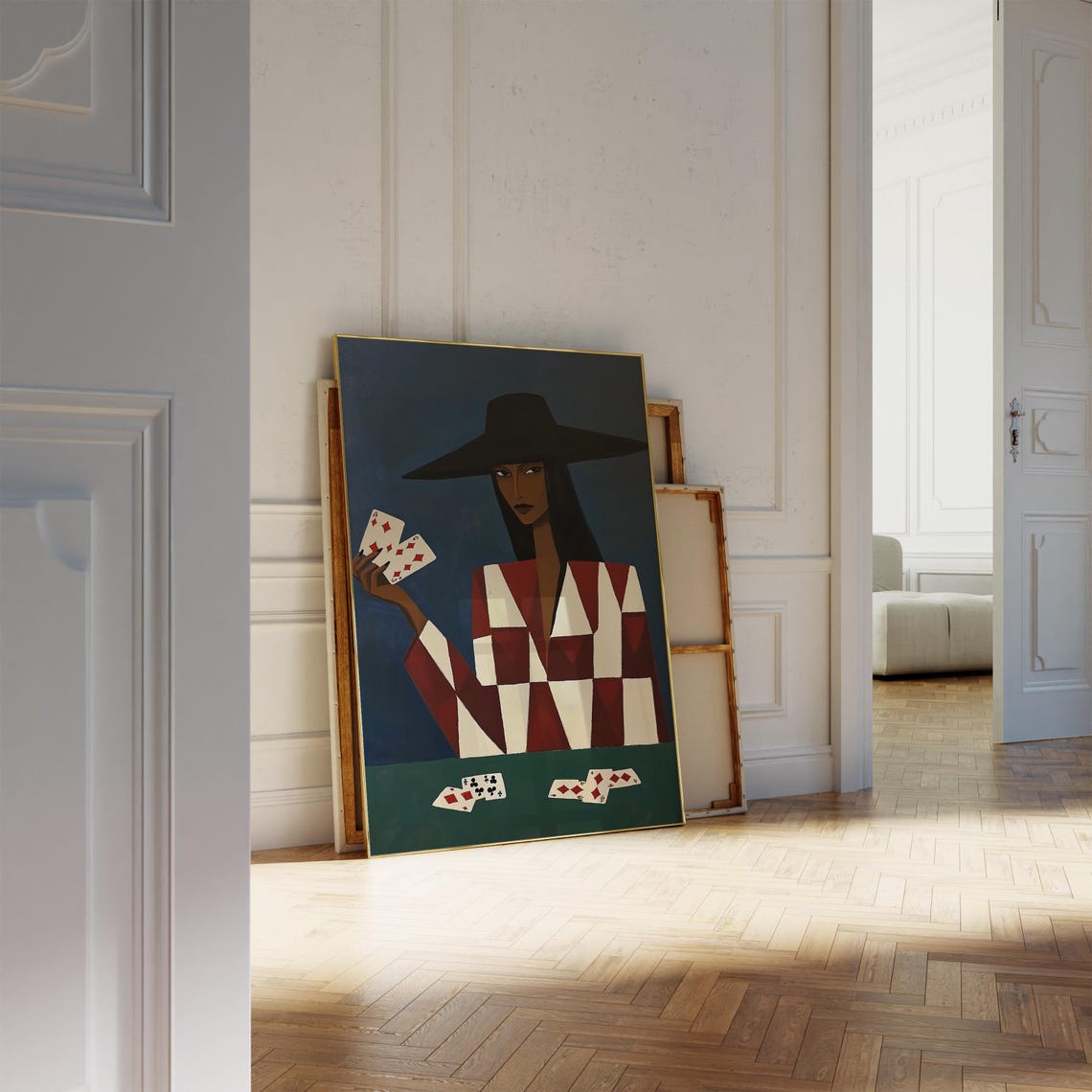 Woman Holding Playing Cards Wide Brim Hat Maximalist Art Poster - Image 2