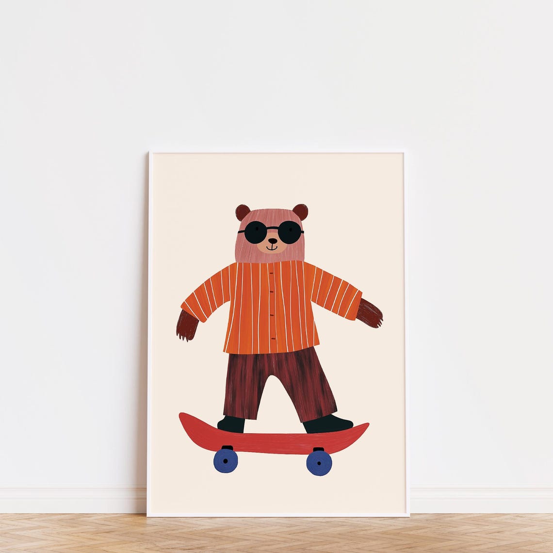 Cool Bear On Skateboard Orange Striped Shirt Sunglasses Wall Art - Image 3