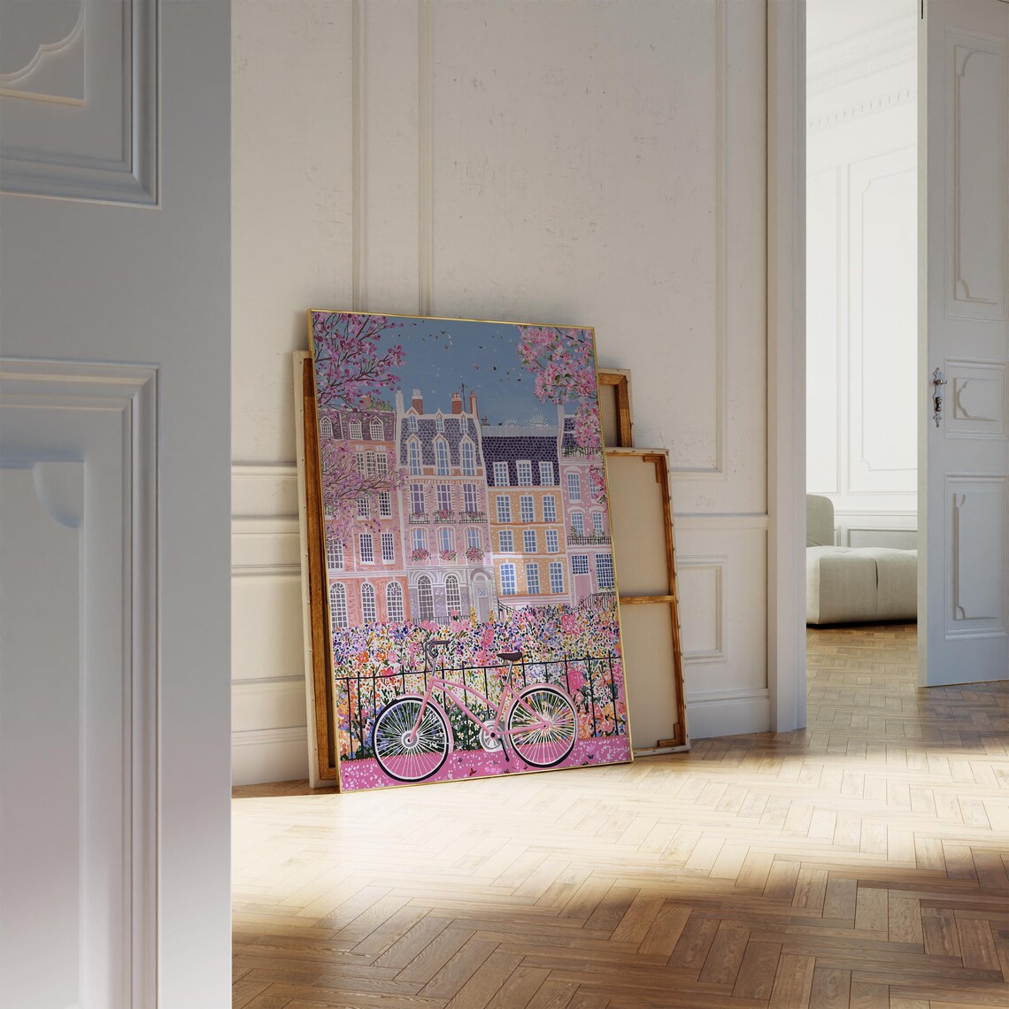 Pink Bicycle on a Paris Street Lined with Blossoms Spring City Art Poster - Image 2