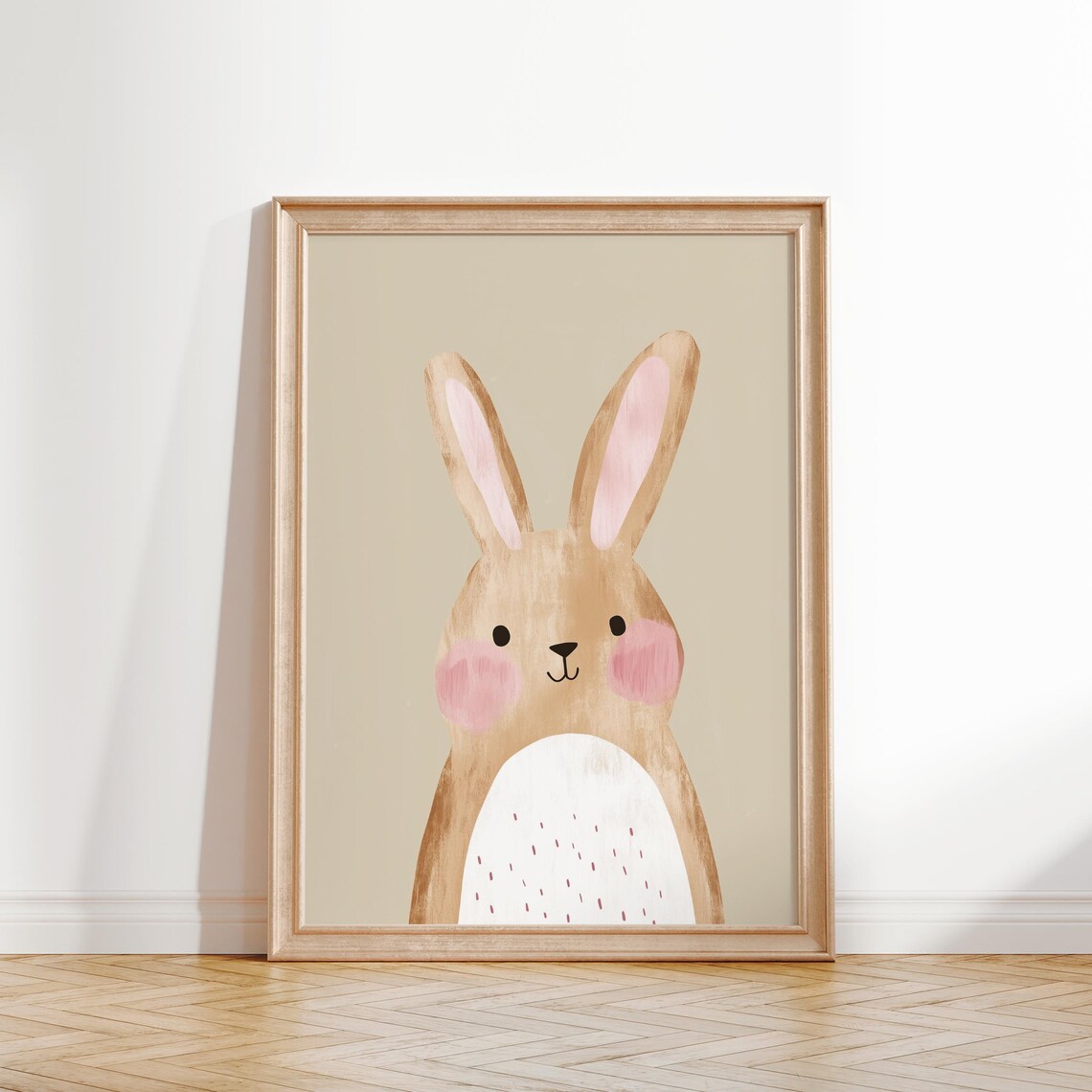 Brown Bunny Rosy Cheeks Watercolor Beige Nursery Kids Wall Art