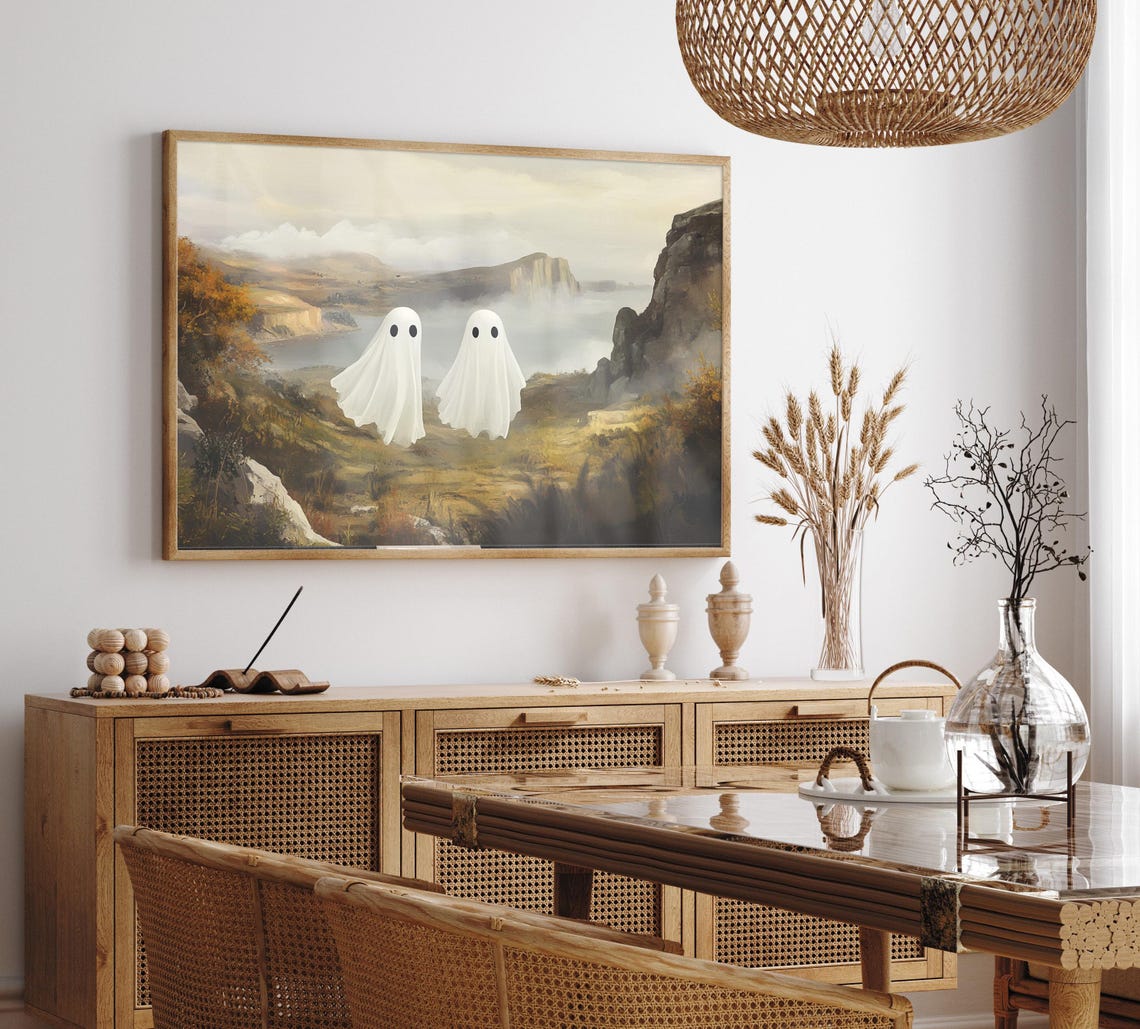 Two Cute Ghosts Misty Vintage Landscape Cute Halloween Poster - Image 2