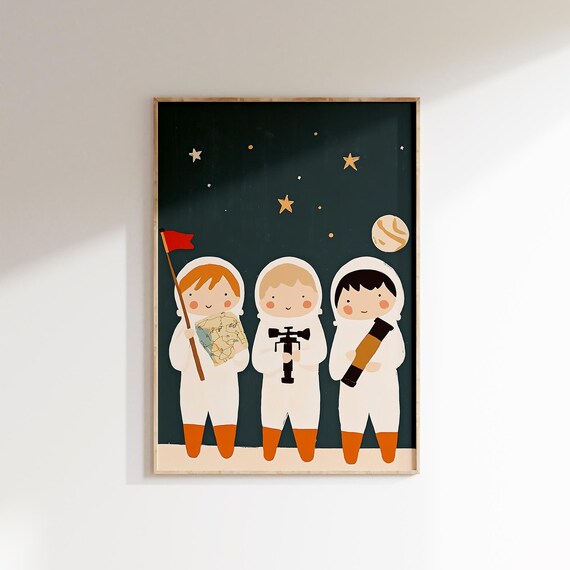 Three Kid Astronauts Exploring Stars Space Adventure Kids Poster