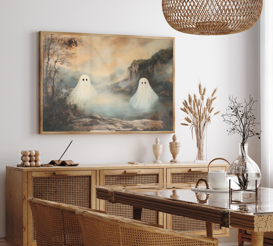 Two Ghosts by the Lake Moody Halloween Painting Dark Academia Art Poster - Image 2