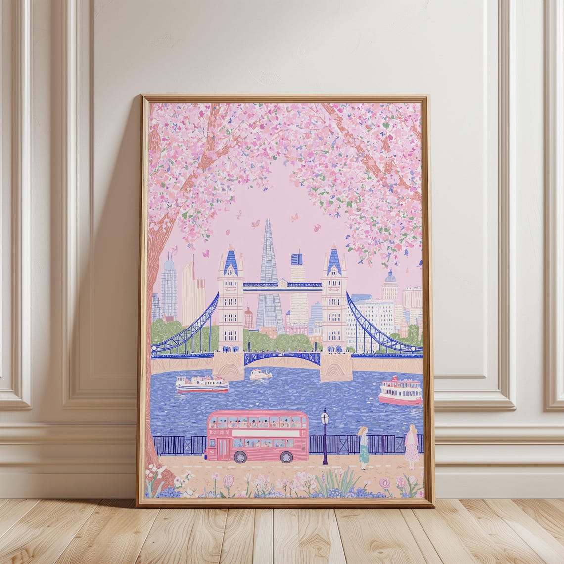 London Tower Bridge Pink Bus Cherry Blossom Spring Skyline Poster