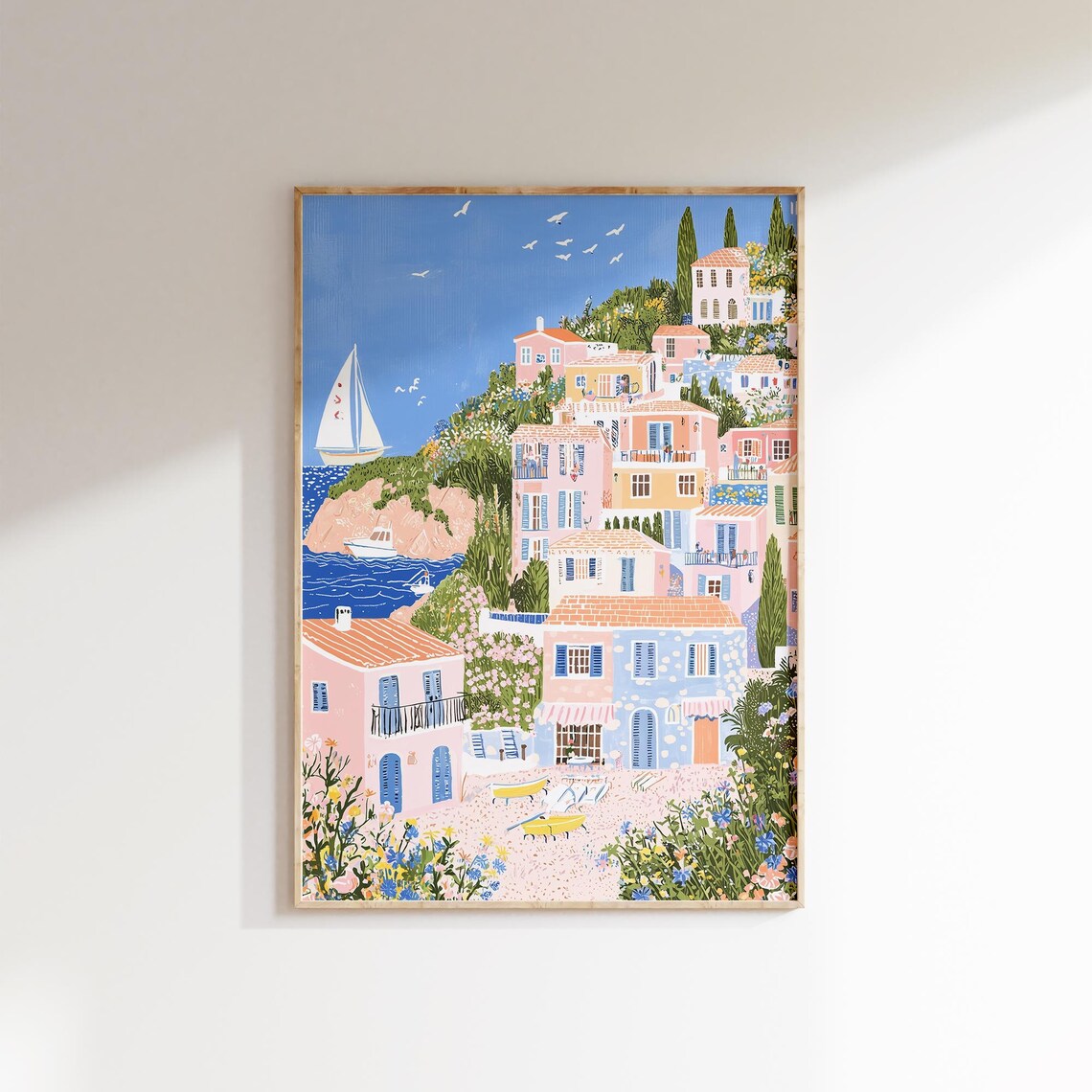 Mediterranean Seaside Village Sailboat Beach Coastal Town Poster - Image 2