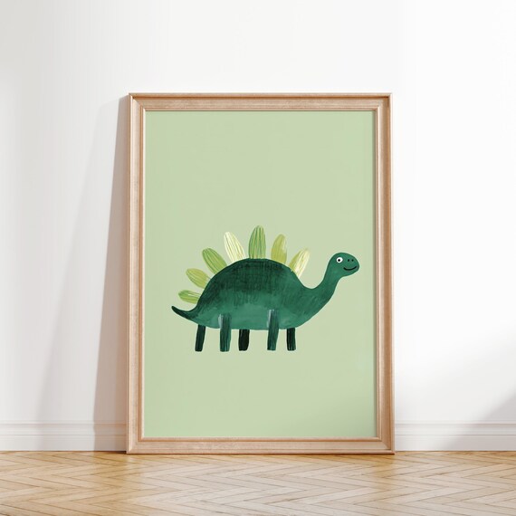 Green Stegosaurus Dinosaur Pale Green Background Kids Room Decor Poster