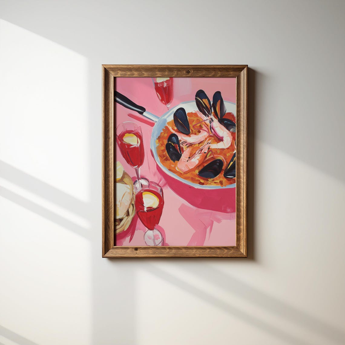 Spanish Seafood Paella Pan Mussels Prawns Pink Kitchen Art Poster - Image 3
