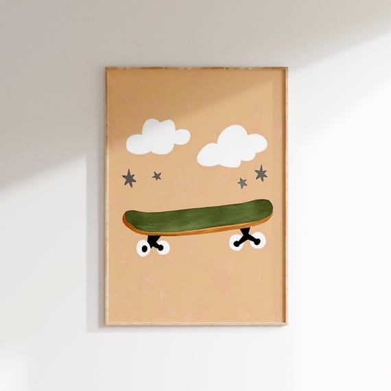 Skateboard Kids Room Art Modern Sports Wall Decor Boys Playroom Print Stars Nursery Art