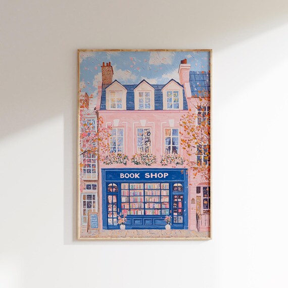 Vintage Book Shop Storefront Illustration Cozy Pink Bookstore Front Poster