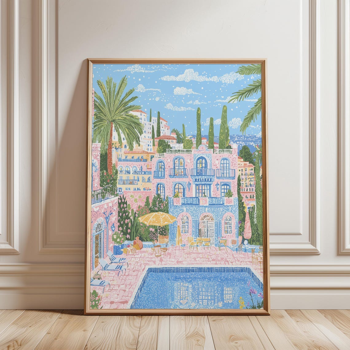 Amalfi Coast Hotel Pool Terrace Palm Trees Italy Travel Poster