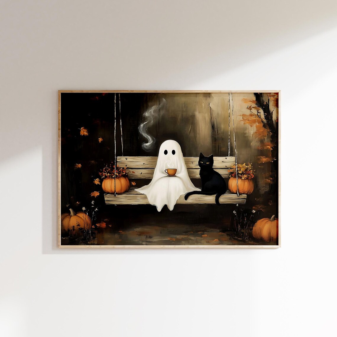 Ghost and Black Cat Sharing Tea on a Porch Swing Cozy Autumn Art Poster