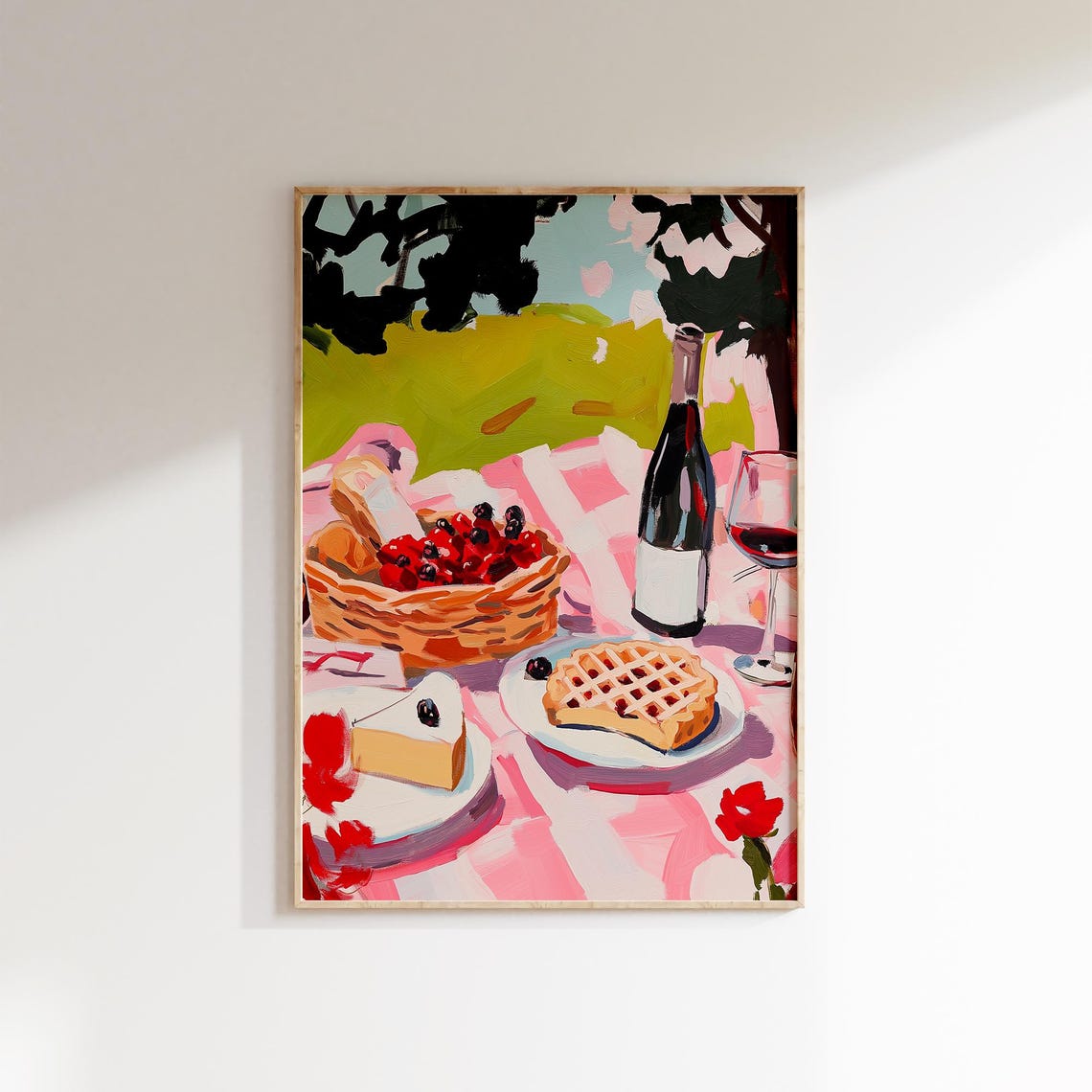 Summer Cherry Pie Picnic Basket Wine Berries Gingham Garden Art Poster