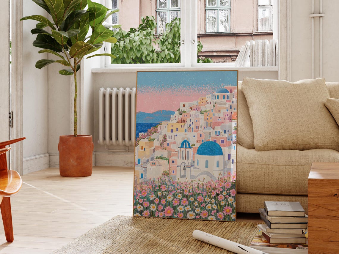Santorini Town Blue Domes Wildflower Field Greek Island Poster