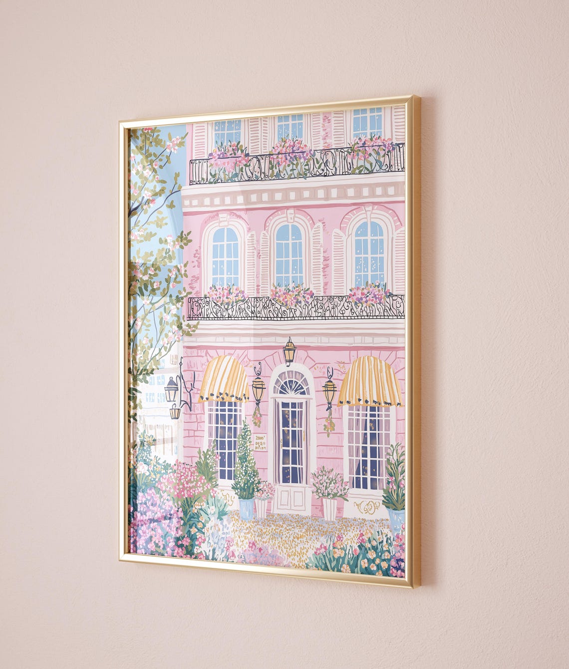 Pink French Villa Yellow Awnings Spring Garden Romantic Poster