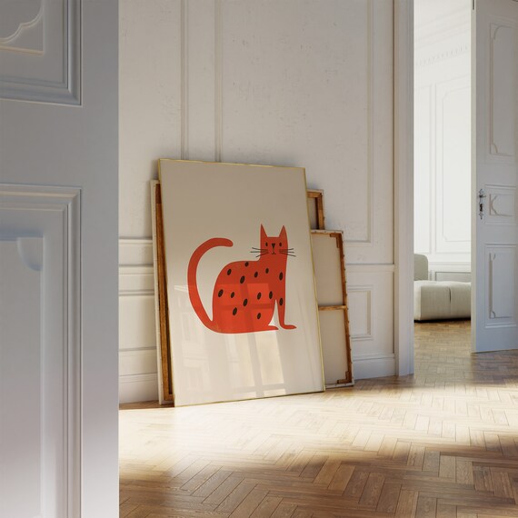 Minimalist Red Cat Illustration Modern Kids Room Print Trendy Home Decor