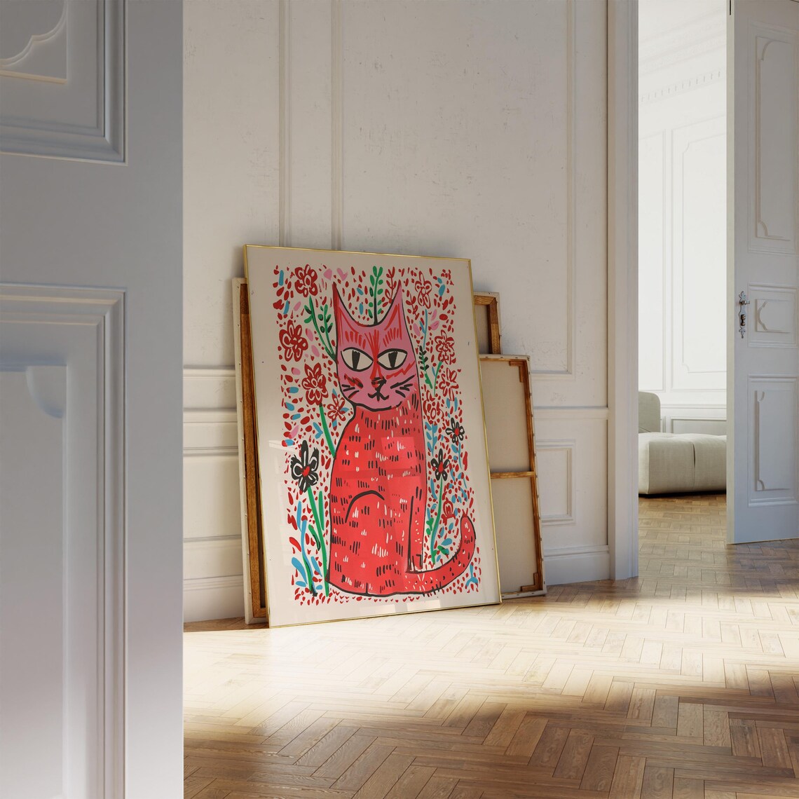 Bold Red Cat Maximalist Wall Print Funky Floral Folk Art Cat Decor Artwork - Image 2