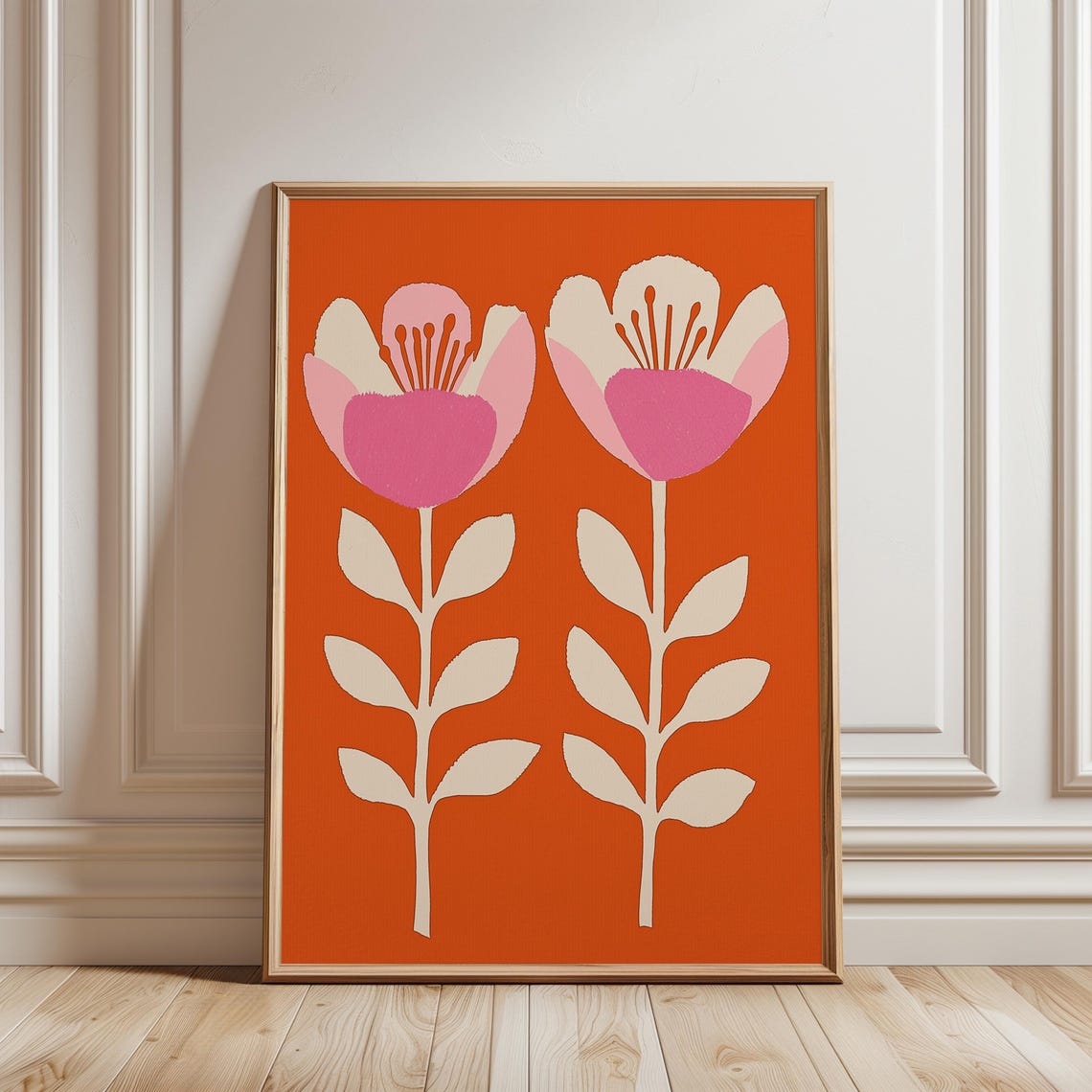 Retro Orange Pink Flower Print Mid Century Modern Botanical Wall Art