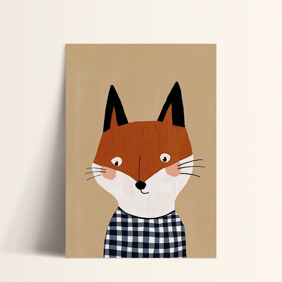 Dapper Fox Blue Gingham Shirt Portrait Modern Kids Nursery Poster