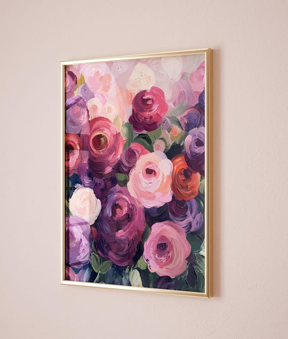 Purple And Pink Roses Wall Art Bold Floral Print Abstract Flower Botanical Art Print Modern Maximalist Decor