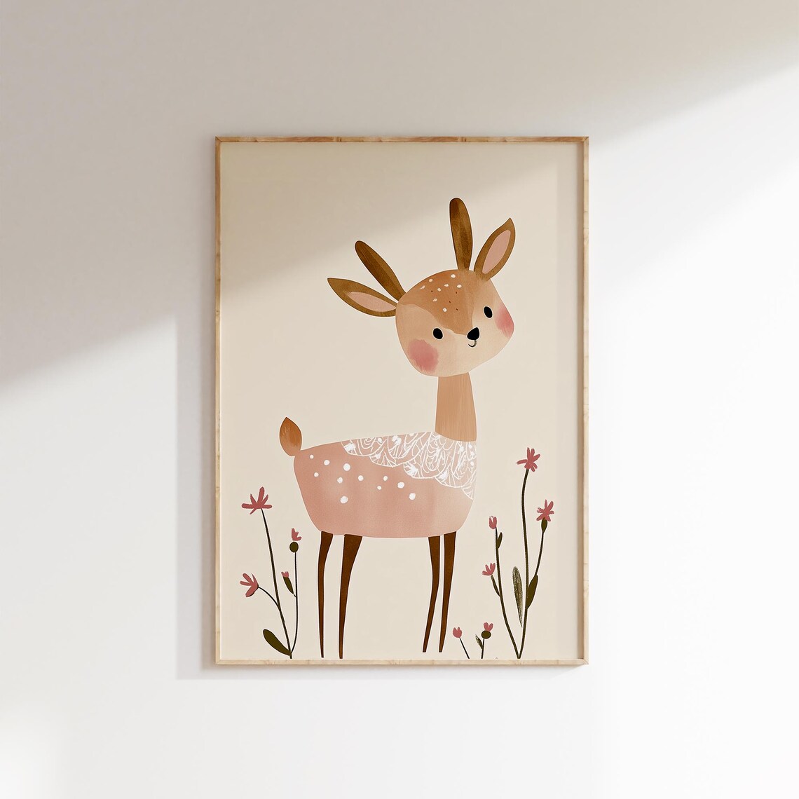Sweet Fawn With White Lace And Pink Wildflowers Nursery Poster - Image 2