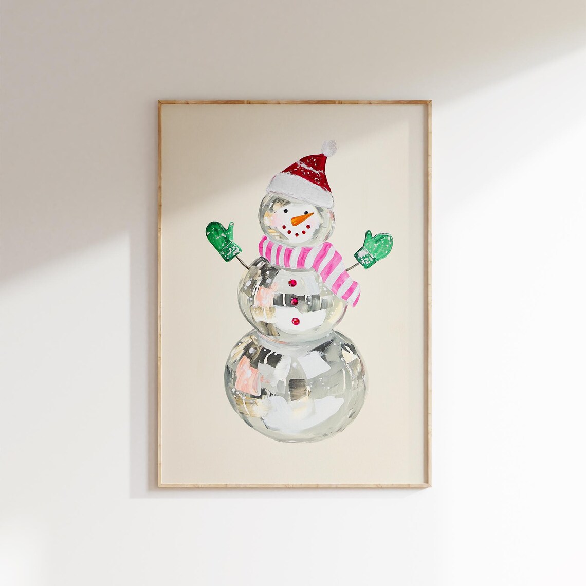 Disco Ball Snowman Santa Hat Pink Scarf Christmas Holiday Poster - Image 2