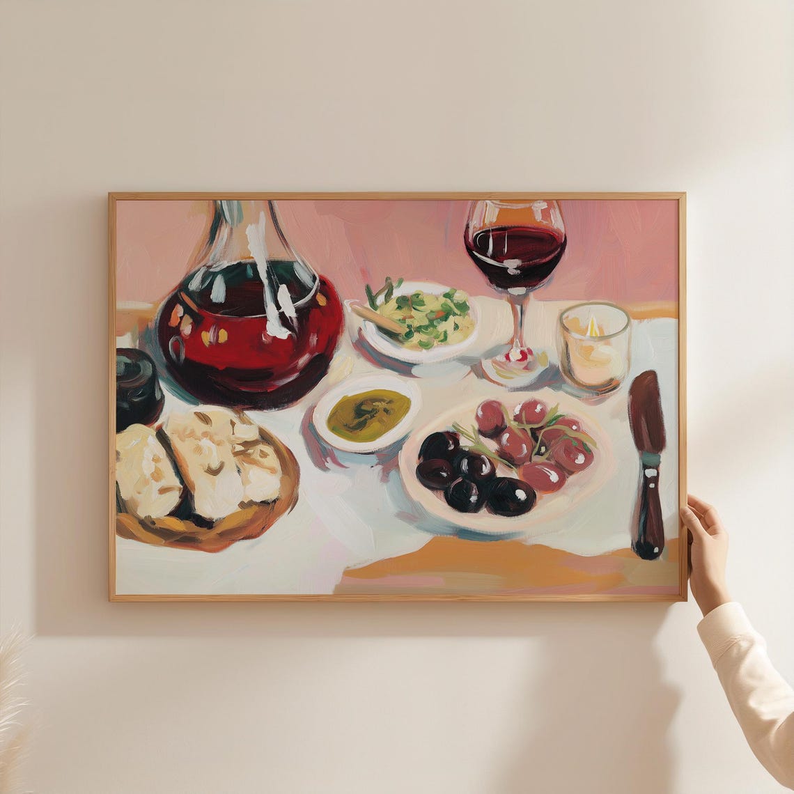 Mediterranean Table Red Wine Decanter Bread Olives Salad Art Poster - Image 2