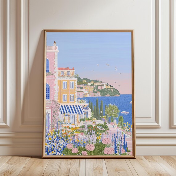 Mediterranean Seaside Town Cafe Wildflower Garden Boats Summer Poster