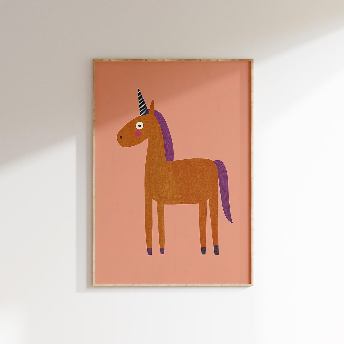 Whimsical Unicorn Kids Room Print With Purple Mane on Soft Coral Background - Image 2