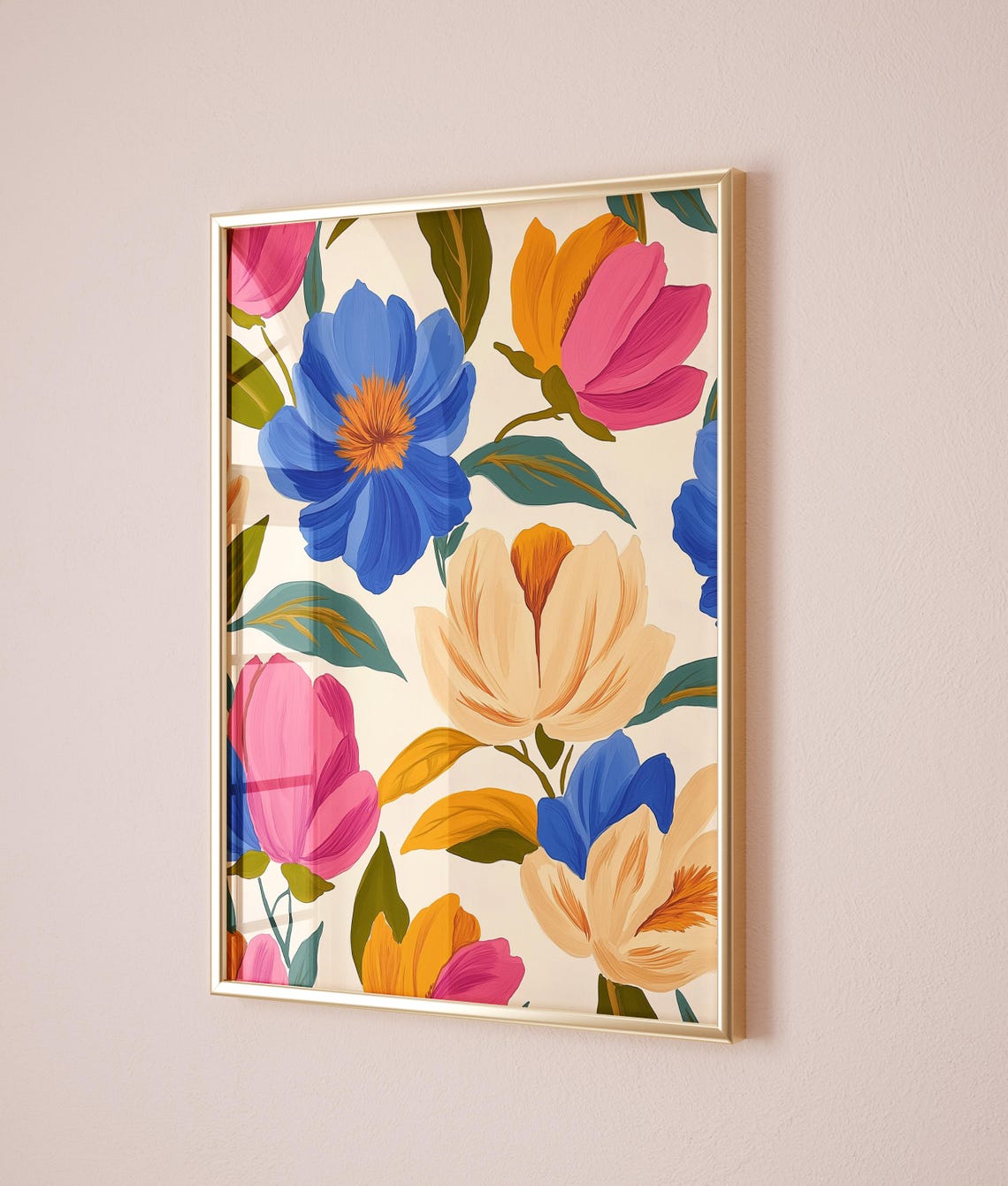 Bold Blue Pink Floral Print Large Scale Modern Botanical Wall Art - Image 5