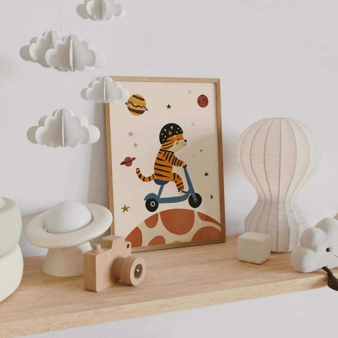 Cute Tiger Cub Riding Scooter Over Planet Space Nursery Poster - Image 3