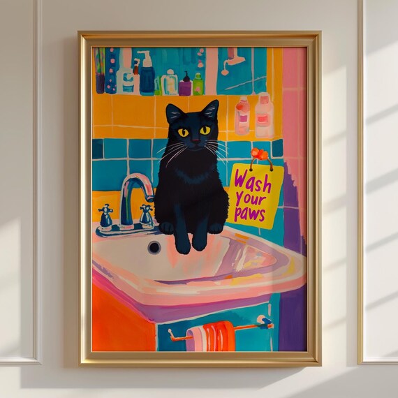 Wash Your Paws Black Cat Bathroom Art Print Funny Maximalist Dopamine Decor