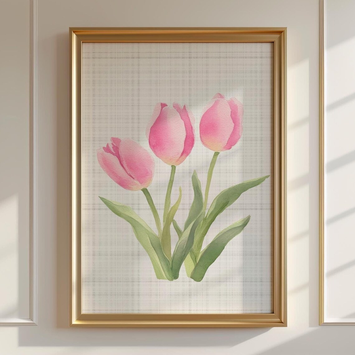 Pink Tulips Watercolor Botanical Illustration Checkered Art Print