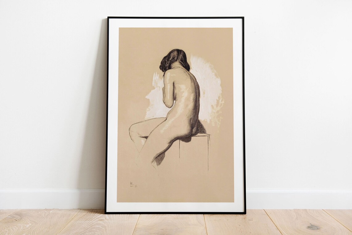 Sepia Nude Woman Seated Back View Classic Figure Study Vintage Sketch Poster - Image 2