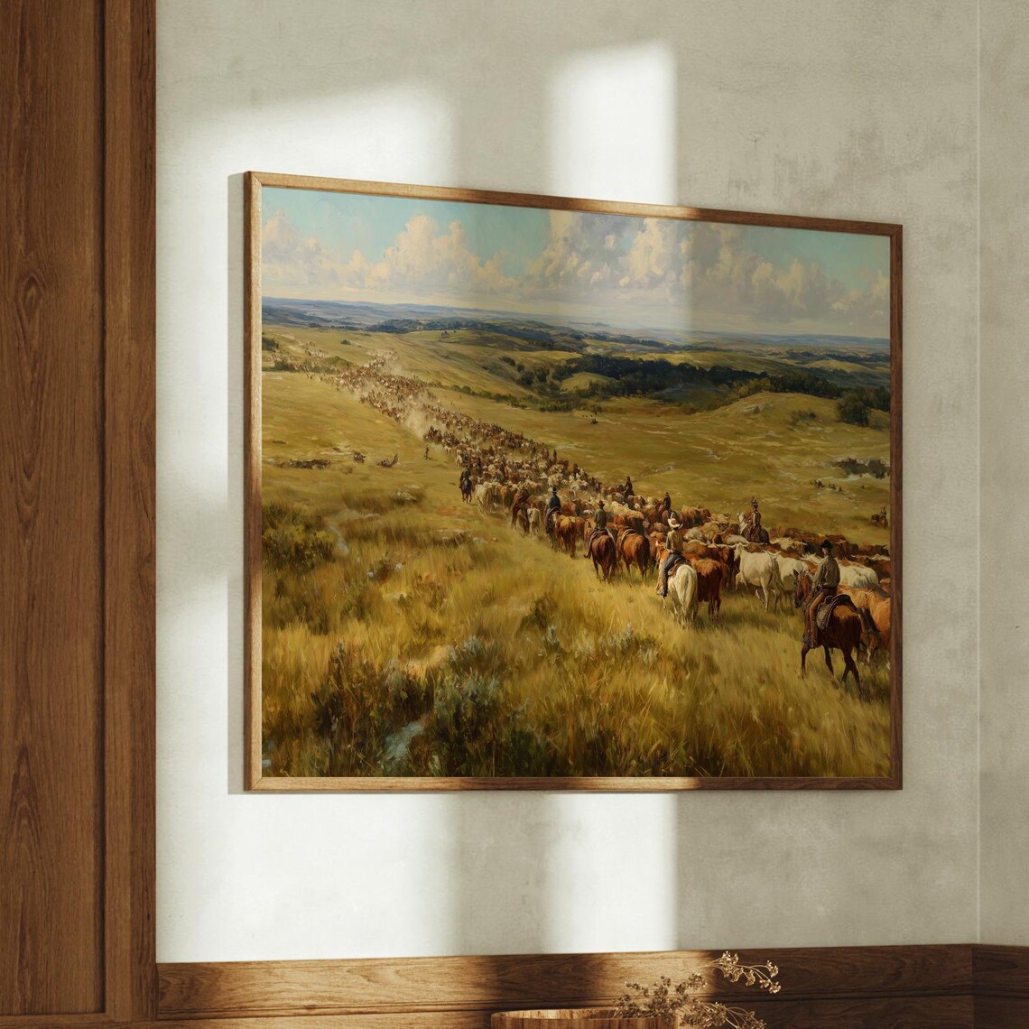 Cowboys Driving Cattle Across Golden Plains Western Oil Painting Poster
