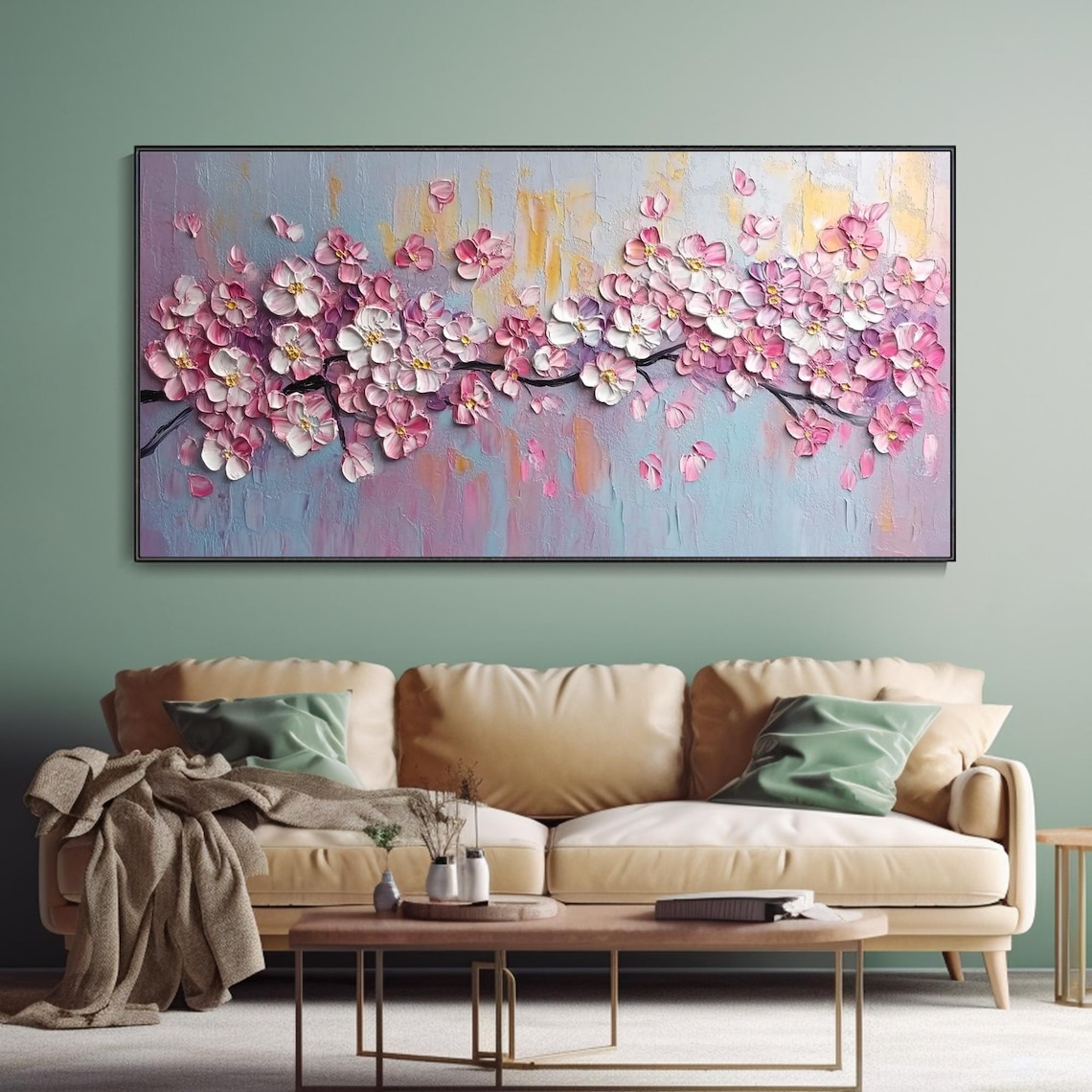 Pink Cherry Blossom Oil Painting, Spring Tree Branch Art Print - Image 3