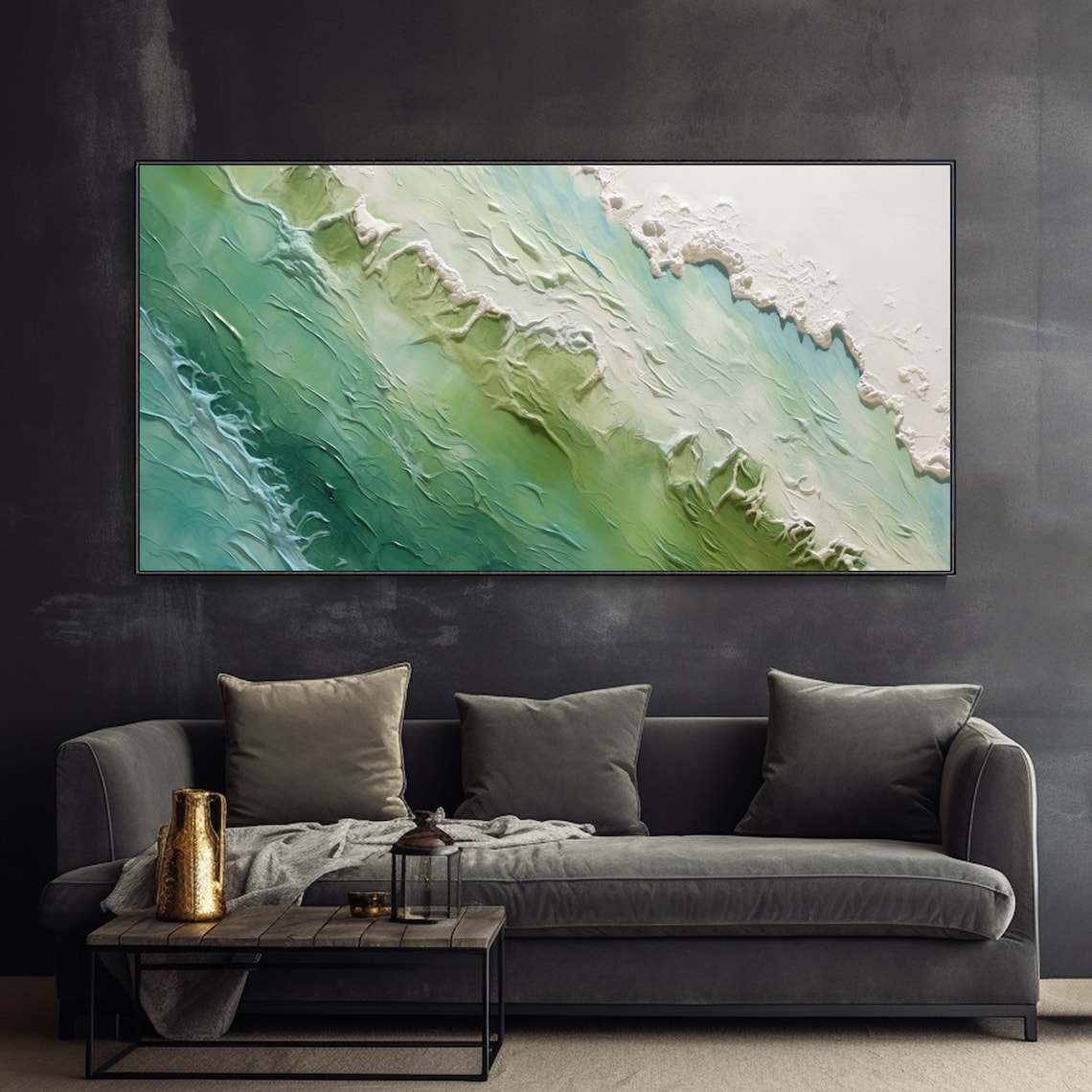 Emerald Green Waves Abstract Seascape White Foam Textured Oil Painting Wall Art - Image 2