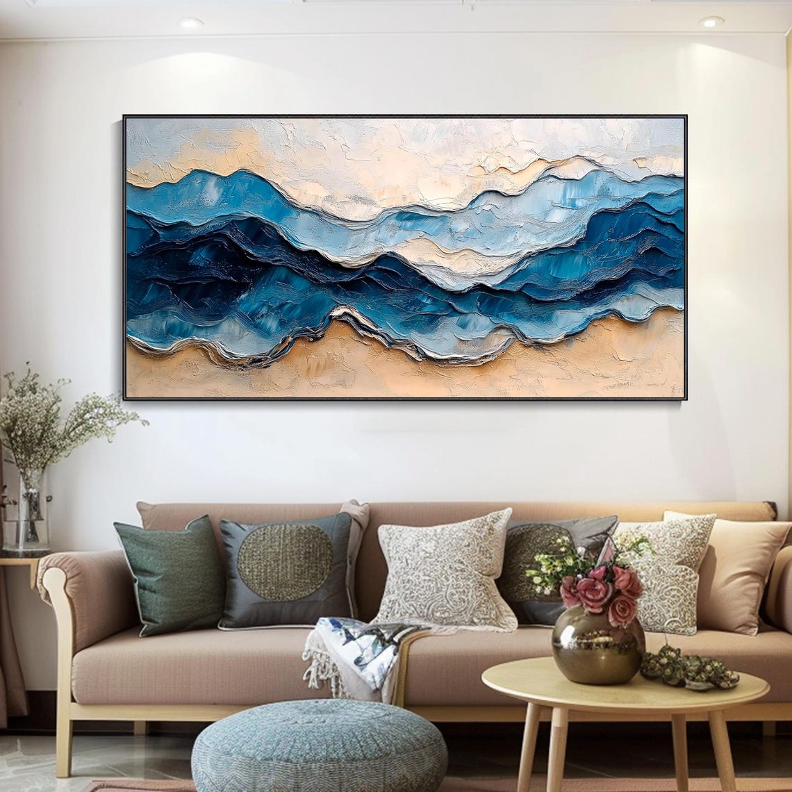 Layered Blue Ocean Waves On Golden Beach Textured Art Poster - Image 3