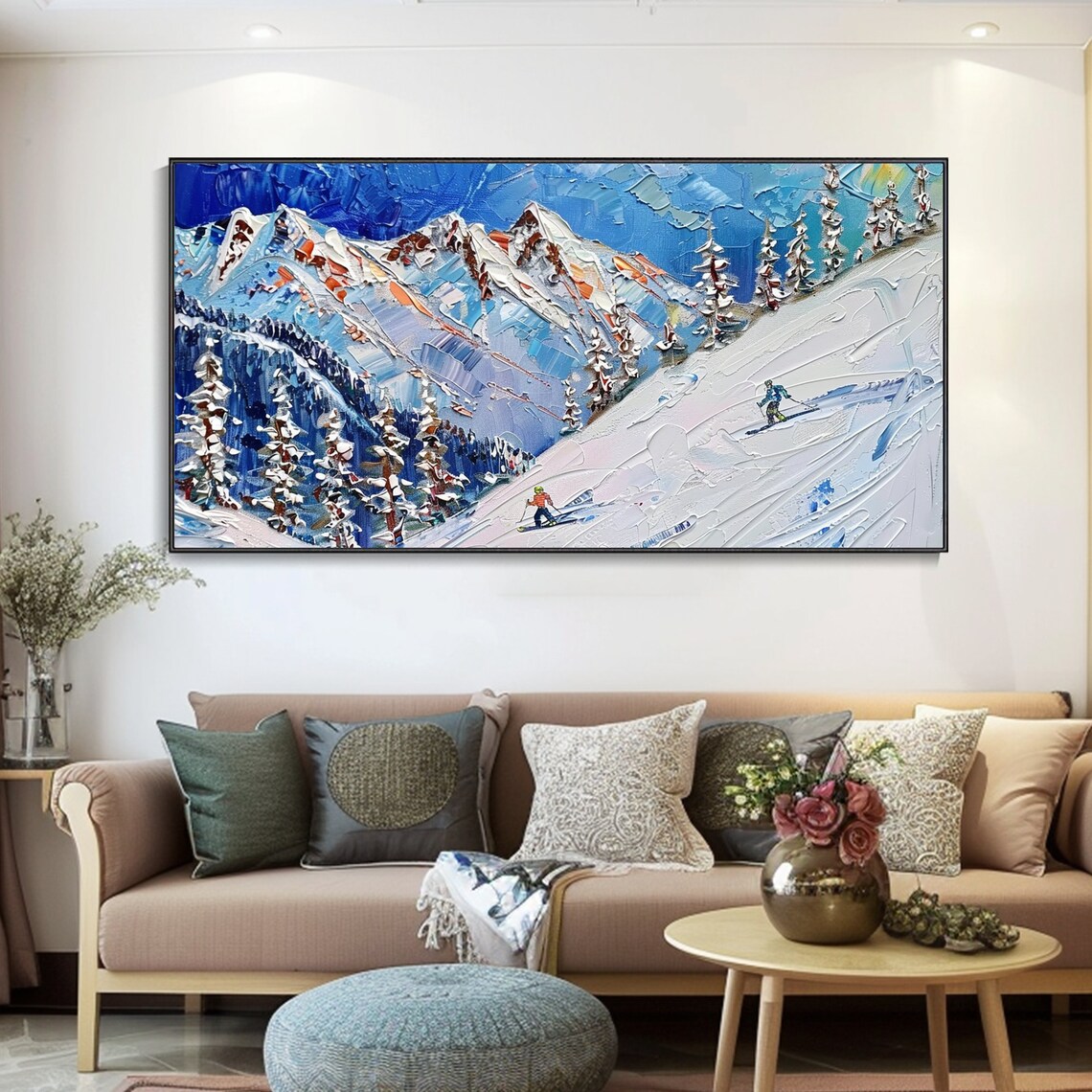 Snowy Mountain Skiing Oil Painting, Winter Landscape - Image 2