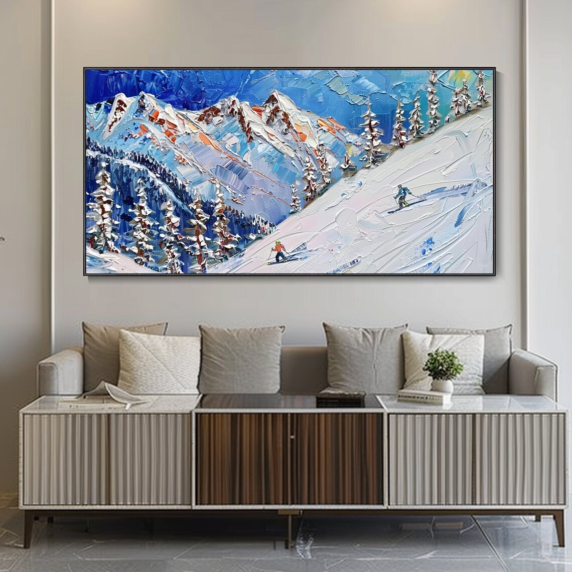 Snowy Mountain Skiing Oil Painting, Winter Landscape - Image 3