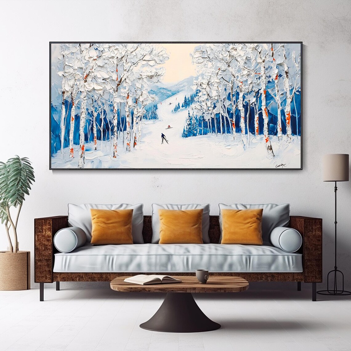 Original Winter Forest Hand Oil Painting Large Snow Skiing Sport Art Abstract Snow Wall Deco Vacation Memorial Gift Fashion Living Room Deco - Image 5